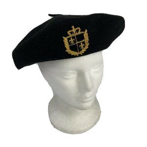 Black Wool  Gold Embroidered Emblem on Beret Hat